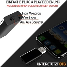 USB VoiceRecorder, 64GB, bis 752 Std., VAS, OTG – Diskrete Sprachrecorder – Ansicht 3