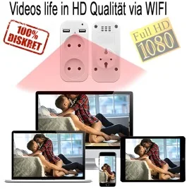IP-HD-Spycam in Steckdosenadapter, 2xUSB – Spionage Video-Minikameras – Ansicht 3