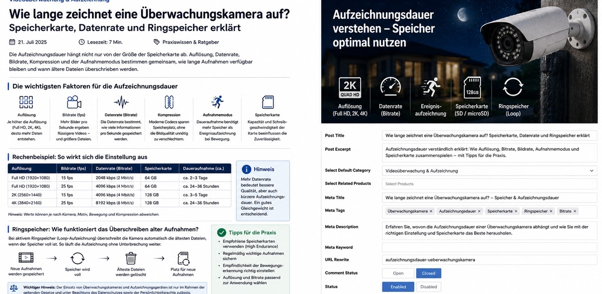 Wie lange zeichnet eine Überwachungskamera auf? Speicherkarte, Datenrate und Ringspeicher erklärt